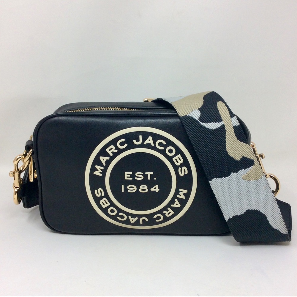 Marc Jacobs Signet Flash Black Smooth Leather Camo Camera Crossbody Bag